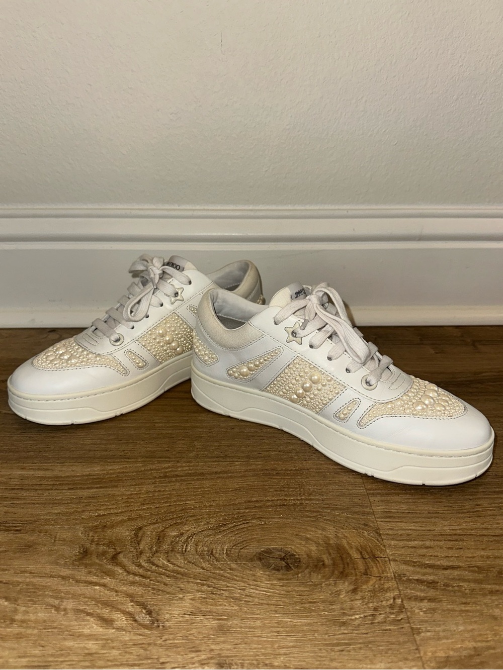 Jimmy Choo White Pearl-Embellished Leather Sneakers - Picture 7 of 11